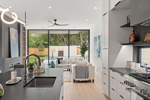 Fireplace, Interior, Kitchen, Living room, Pendant Lights, Recessed Lighting, Wood Texture Flooring