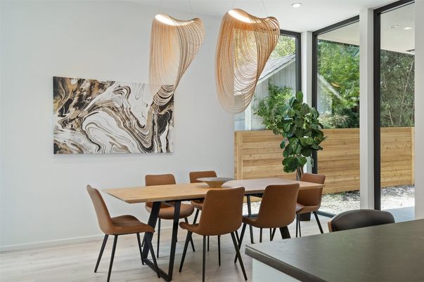 Dining room, Interior, Recessed Lighting, Wood Texture Flooring