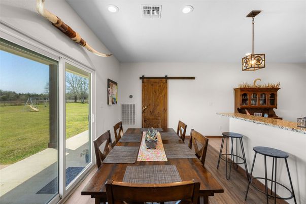 Dining room, Interior, Pendant Lights, Recessed Lighting, Wood Texture Flooring