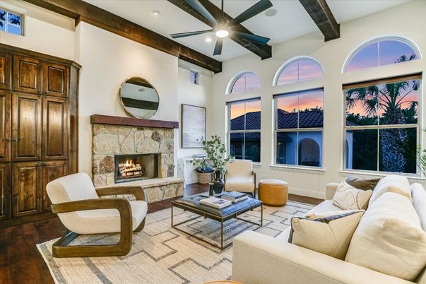 Fireplace, Interior, Living room, Recessed Lighting, Wooden Beams, Wood Texture Flooring