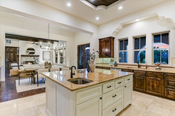 Dining room, Fireplace, Interior, Kitchen, Living room, Pendant Lights, Recessed Lighting, Wood Texture Flooring