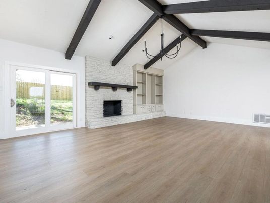 Empty room, Fireplace, Interior, Stone Walls, Wooden Beams, Wood Texture Flooring