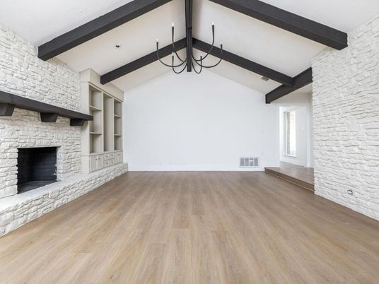 Empty room, Fireplace, Interior, Stone Walls, Wooden Beams, Wood Texture Flooring