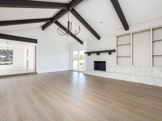 Chandelier, Empty room, Fireplace, Interior, Pendant Lights, Wooden Beams, Wood Texture Flooring