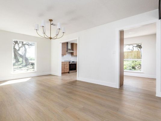 Chandelier, Empty room, Interior, Kitchen, Wood Texture Flooring