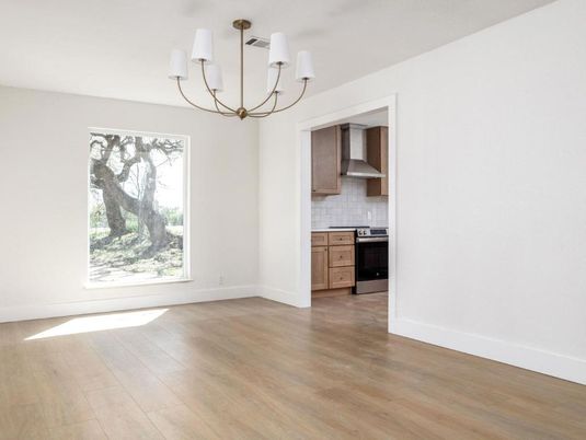 Chandelier, Empty room, Interior, Kitchen, Wood Texture Flooring