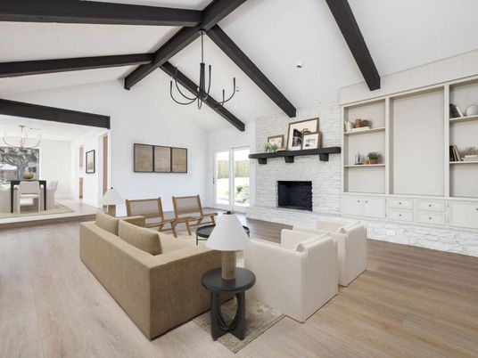 Dining room, Fireplace, Interior, Living room, Pendant Lights, Wooden Beams, Wood Texture Flooring