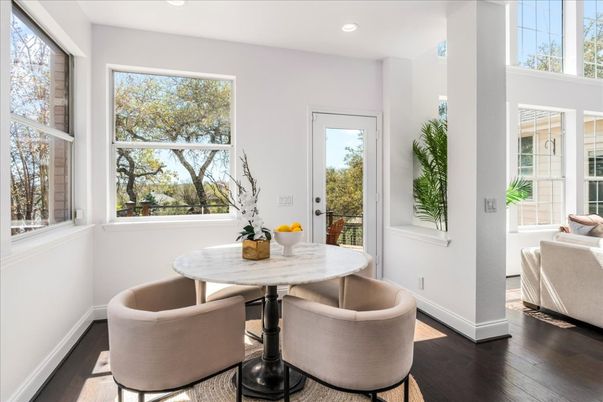 Dining room, Interior, Recessed Lighting, Wood Texture Flooring