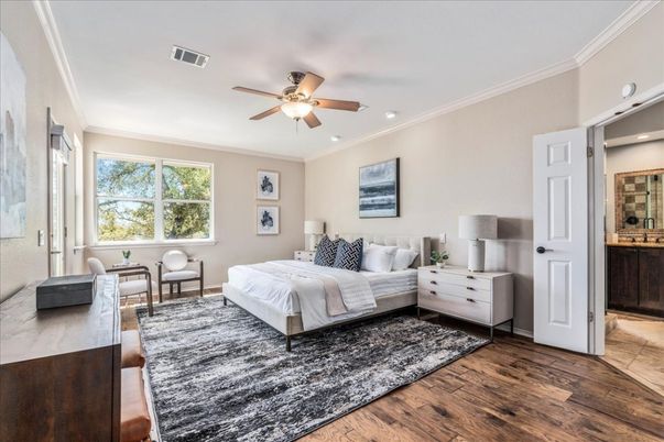 Bedroom, Interior, Recessed Lighting, Wood Texture Flooring
