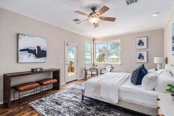 Bedroom, Interior, Recessed Lighting, Wood Texture Flooring
