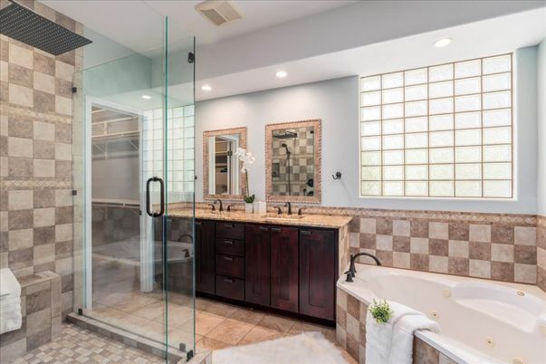 Bathroom, Dual Sink Vanities, Glass Shower, Interior, Recessed Lighting