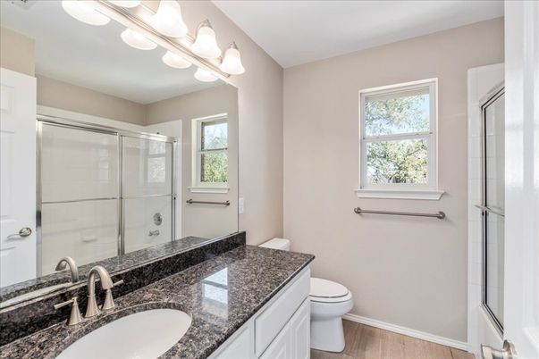 Bathroom, Glass Shower, Interior, Wood Texture Flooring