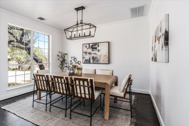 Dining room, Interior, Pendant Lights, Wood Texture Flooring