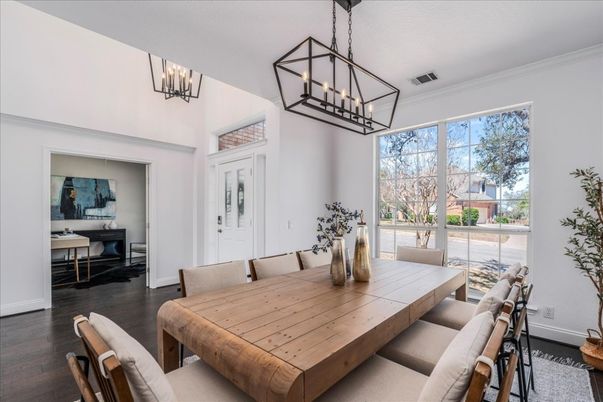 Chandelier, Dining room, Interior, Wood Texture Flooring