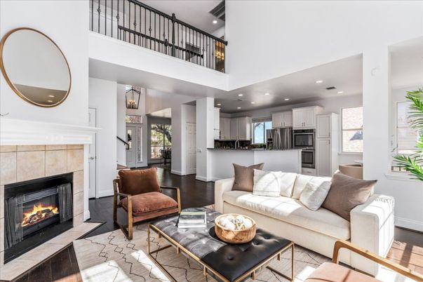 Fireplace, Interior, Kitchen, Living room, Pendant Lights, Recessed Lighting, Wood Texture Flooring