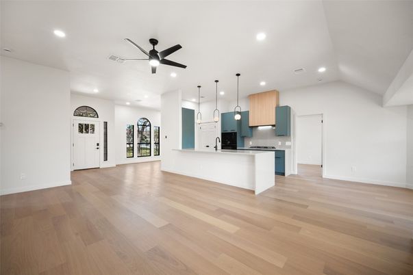 Interior, Kitchen, Pendant Lights, Recessed Lighting, Wood Texture Flooring
