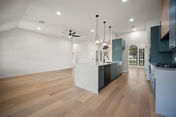 Interior, Kitchen, Pendant Lights, Recessed Lighting, Wood Texture Flooring