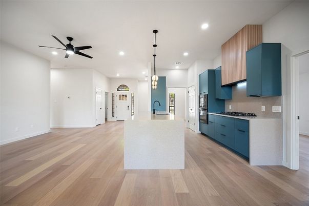 Interior, Kitchen, Pendant Lights, Recessed Lighting, Wood Texture Flooring