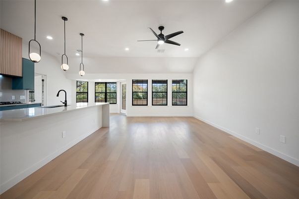 Empty room, Interior, Kitchen, Pendant Lights, Recessed Lighting, Wood Texture Flooring
