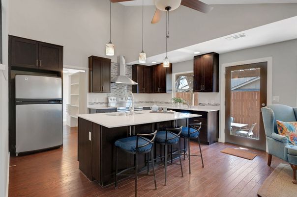 Interior, Kitchen, Pendant Lights, Recessed Lighting, Stainless Steel Appliances, Wood Texture Flooring