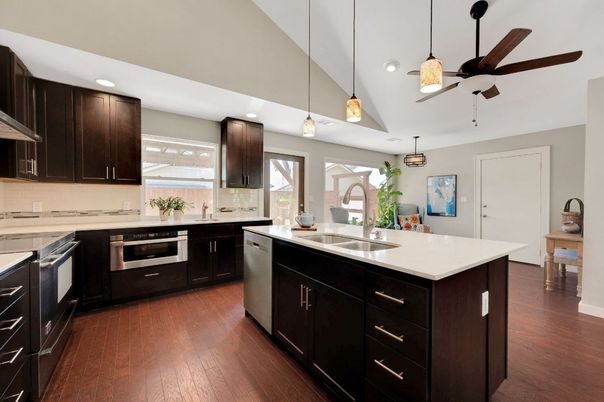 Interior, Kitchen, Pendant Lights, Recessed Lighting, Stainless Steel Appliances, Wood Texture Flooring