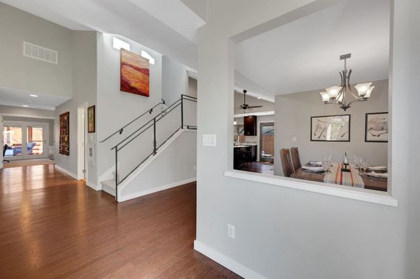 Chandelier, Dining room, Interior, Recessed Lighting, Wood Texture Flooring