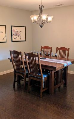 Chandelier, Dining room, Interior, Wood Texture Flooring