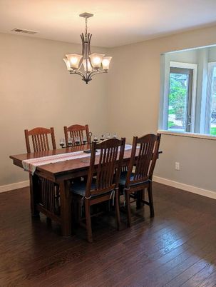 Chandelier, Dining room, Interior, Wood Texture Flooring