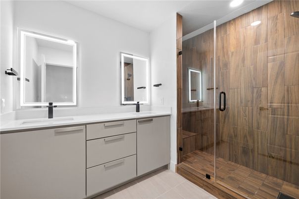 Bathroom, Dual Sink Vanities, Glass Shower, Interior, Recessed Lighting