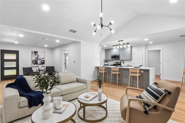 Interior, Kitchen, Living room, Pendant Lights, Recessed Lighting, Stainless Steel Appliances, Wood Texture Flooring