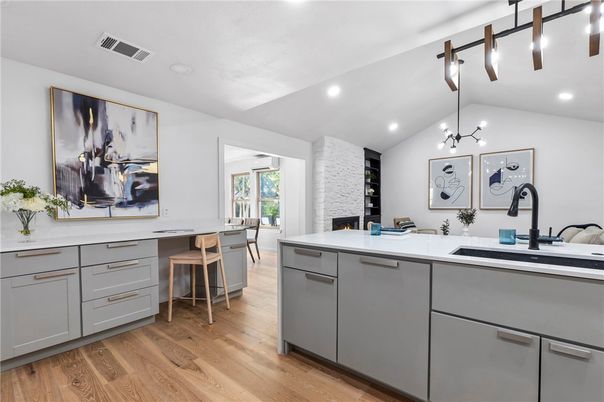 Interior, Kitchen, Pendant Lights, Recessed Lighting, Wood Texture Flooring