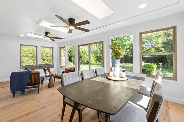Dining room, Game Room, Interior, Recessed Lighting, Wood Texture Flooring