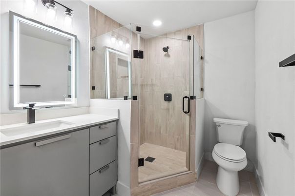 Bathroom, Glass Shower, Interior, Recessed Lighting