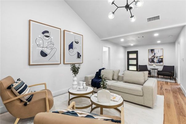 Dining room, Interior, Living room, Recessed Lighting, Wood Texture Flooring