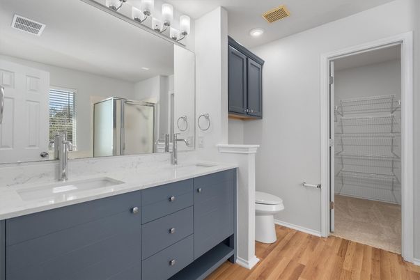 Bathroom, Dual Sink Vanities, Interior, Recessed Lighting, Wood Texture Flooring