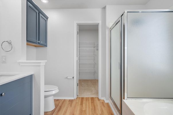 Bathroom, Glass Shower, Interior, Recessed Lighting, Wood Texture Flooring