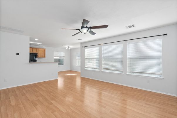 Empty room, Interior, Kitchen, Recessed Lighting, Wood Texture Flooring