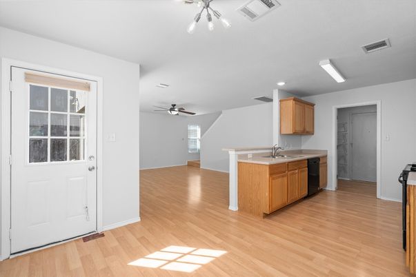 Interior, Kitchen, Recessed Lighting, Wood Texture Flooring
