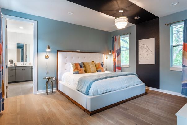 Bedroom, Chandelier, Interior, Recessed Lighting, Wood Texture Flooring