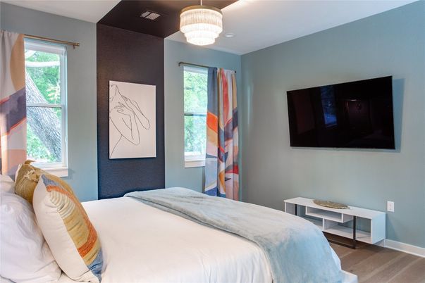 Bedroom, Chandelier, Interior, Pendant Lights, Wood Texture Flooring