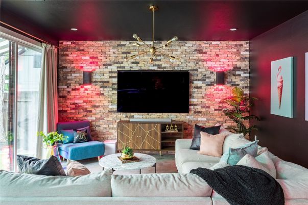 Fireplace, Interior, Living room, Recessed Lighting, Stone Walls