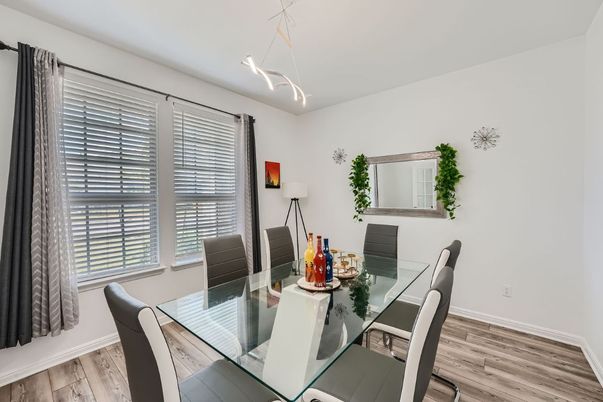 Dining room, Interior, Pendant Lights, Wood Texture Flooring
