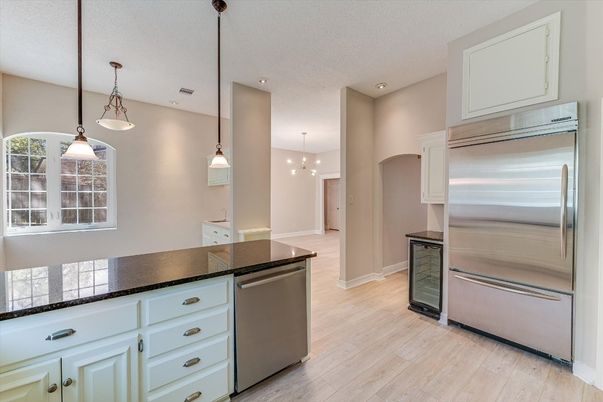 Interior, Kitchen, Pendant Lights, Recessed Lighting, Stainless Steel Appliances, Wood Texture Flooring