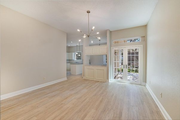 Empty room, Interior, Kitchen, Pendant Lights, Wood Texture Flooring