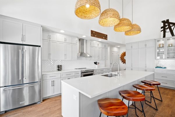 Interior, Kitchen, Pendant Lights, Recessed Lighting, Stainless Steel Appliances, Wood Texture Flooring