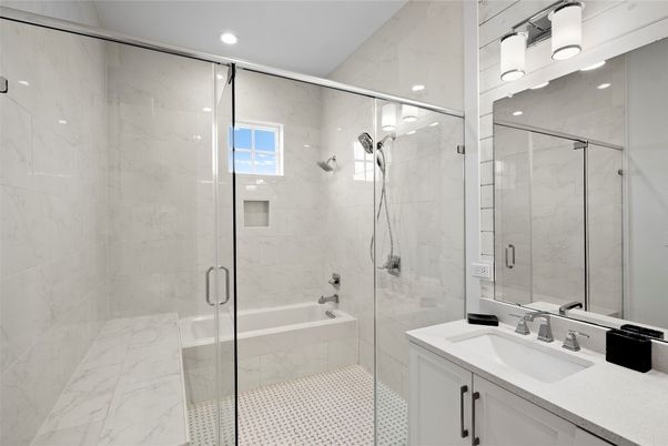 Bathroom, Glass Shower, Interior, Marble Walls, Recessed Lighting