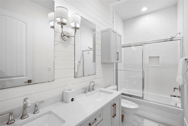 Bathroom, Dual Sink Vanities, Glass Shower, Interior, Recessed Lighting