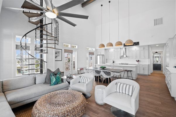 Dining room, Interior, Kitchen, Living room, Pendant Lights, Recessed Lighting, Stainless Steel Appliances, Wood Texture Flooring