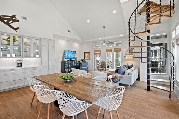 Dining room, Interior, Living room, Pendant Lights, Recessed Lighting, Wood Texture Flooring
