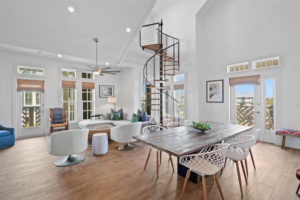 Dining room, Interior, Living room, Pendant Lights, Recessed Lighting, Wood Texture Flooring